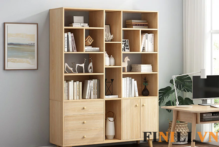 Tủ sách thiết kế họa tiết vân gỗ sang trọng thanh lịch dễ dàng phối hợp với các vật dụng nội thất khác trong gia đình