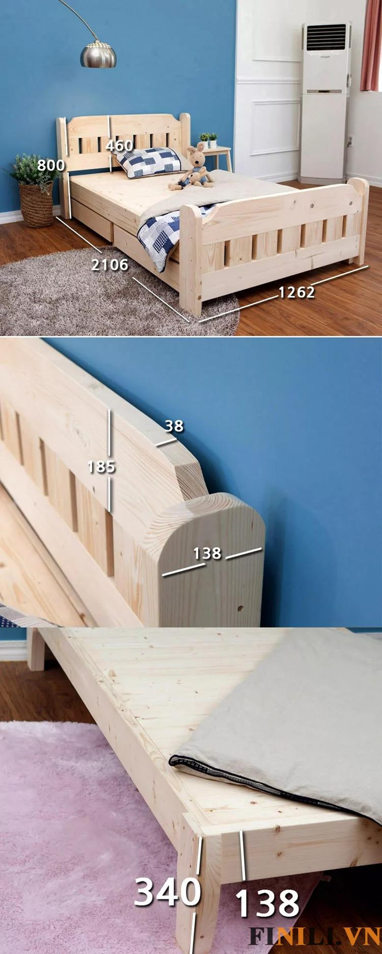 Giường đơn gỗ sồi tự nhiên có ngăn kéo giúp tiết kiệm chi phí