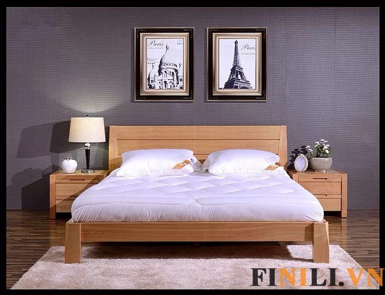 Giường ngủ gỗ tự nhiên có phun một lớp PU bóng bảo vệ bề mặt gỗ