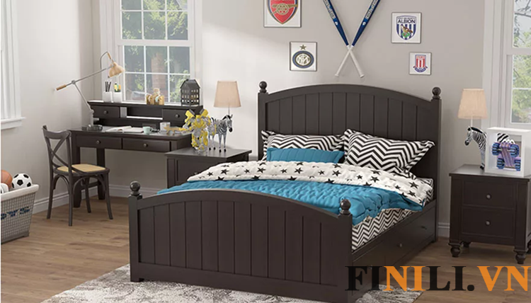 Giường ngủ bằng gỗ kết cấu chắc chắn chịu được trọng lượng, bề mặt gia công tỉ mỉ trơn bóng