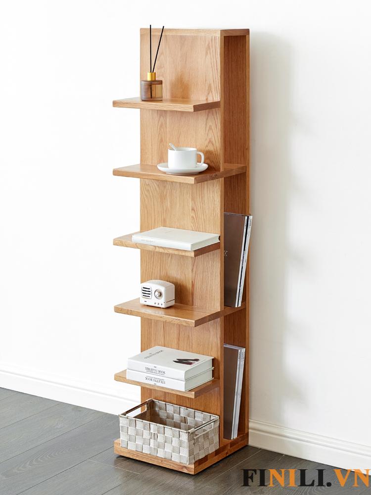 Kích thước kệ sách gỗ nhỏ gọn nhưng nhiều ngăn xếp tầng lên nhau mang đến không gian lưu trữ thoải mái