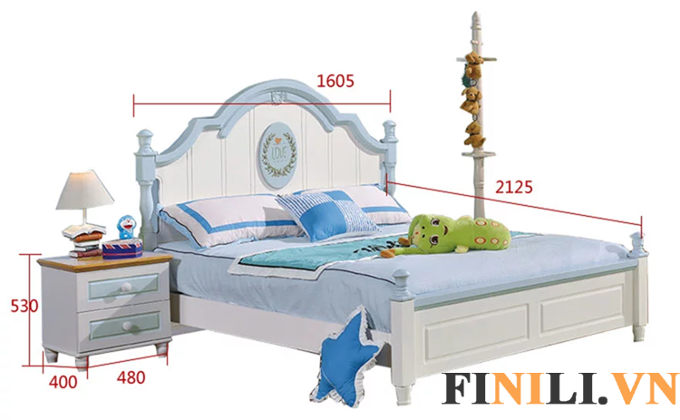 Tủ gỗ đầu giường với thiết kế nhỏ gọn hiện đại sẽ tiết kiệm tối đa diện tích phòng ngủ của các bé.