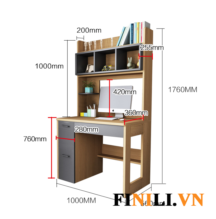 Kích thước bàn học liền giá sách gỗ công nghiệp đẹp hiện đại FNL-7342