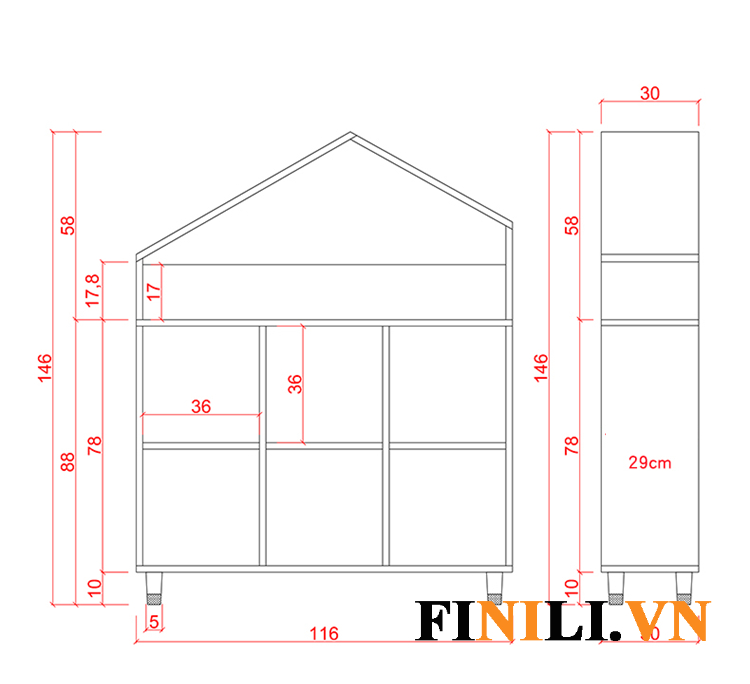 Kích thước sản phẩm kệ sách hình ngôi nhà cho bé FNL-7803